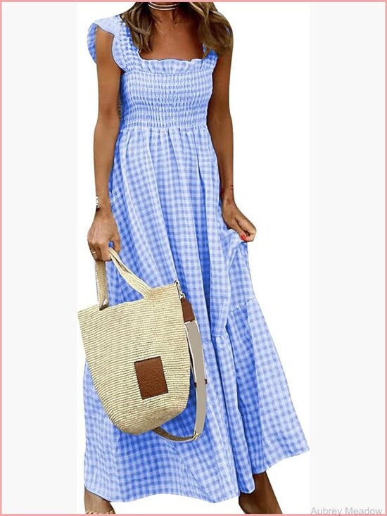 Dresses & Skirts - Sleeveless Square Neck Smocked Sundress High Waist Ruffle Swing A Line Maxi